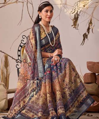 Navy blue printed linen cotton designer saree with patola style border – printed saree with matching blouse 3