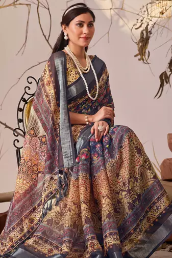 Navy blue printed linen cotton designer saree with patola style border – printed saree with matching blouse