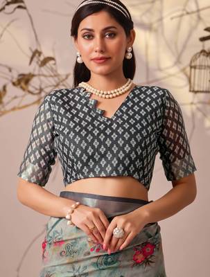 Light grey linen cotton saree with digital floral print & patola style border | printed saree with blouse 5