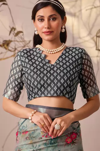 Light grey linen cotton saree with digital floral print & patola style border | printed saree with blouse