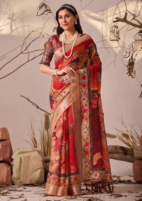Red linen cotton saree with digital floral & artistic print and patola style contrast border with matching blouse 1