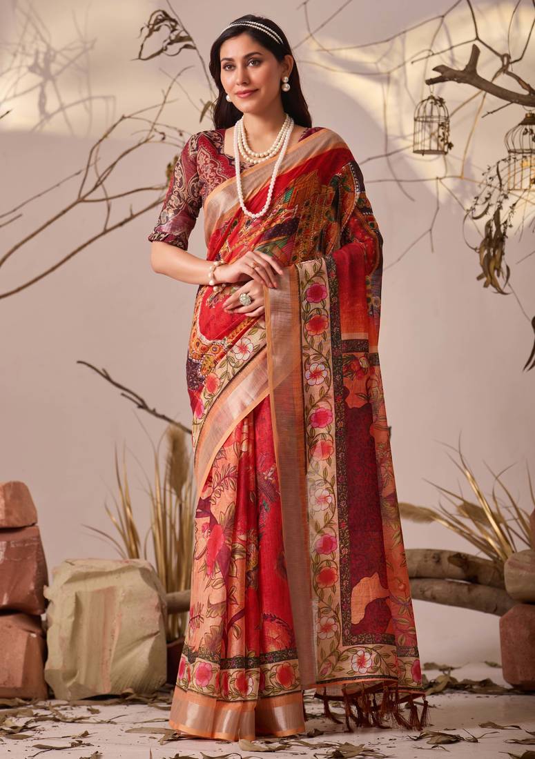 Red linen cotton saree with digital floral & artistic print and patola style contrast border with matching blouse