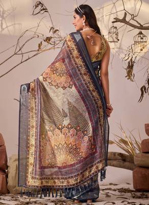 Navy blue printed linen cotton designer saree with patola style border – printed saree with matching blouse 4