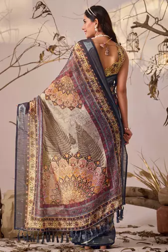 Navy blue printed linen cotton designer saree with patola style border – printed saree with matching blouse