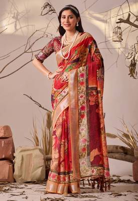 Red linen cotton saree with digital floral & artistic print and patola style contrast border with matching blouse 2