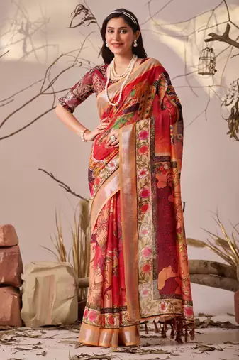 Red linen cotton saree with digital floral & artistic print and patola style contrast border with matching blouse
