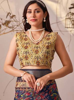 Navy blue printed linen cotton designer saree with patola style border – printed saree with matching blouse 5
