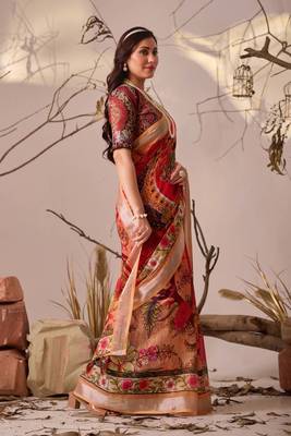 Red linen cotton saree with digital floral & artistic print and patola style contrast border with matching blouse 3