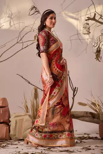 Red linen cotton saree with digital floral & artistic print and patola style contrast border with matching blouse