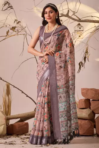 Mauve linen cotton printed saree with floral & geometric digital design and patola style border with blouse
