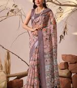 Mauve linen cotton printed saree with floral & geometric digital design and patola style border with blouse