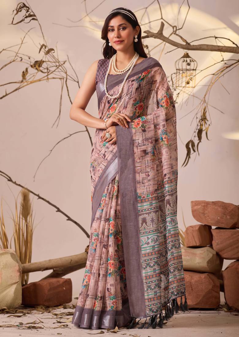 Mauve linen cotton printed saree with floral & geometric digital design and patola style border with blouse