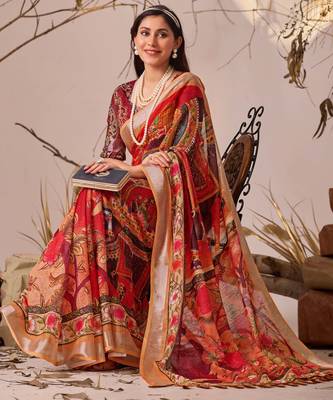Red linen cotton saree with digital floral & artistic print and patola style contrast border with matching blouse 4