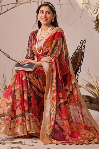 Red linen cotton saree with digital floral & artistic print and patola style contrast border with matching blouse