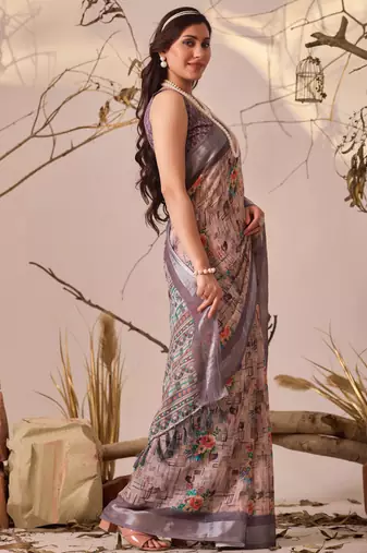 Mauve linen cotton printed saree with floral & geometric digital design and patola style border with blouse