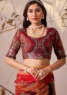 Red linen cotton saree with digital floral & artistic print and patola style contrast border with matching blouse 5