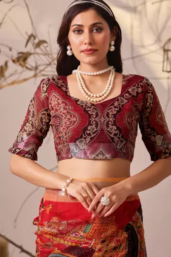 Red linen cotton saree with digital floral & artistic print and patola style contrast border with matching blouse
