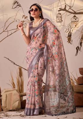 Mauve linen cotton printed saree with floral & geometric digital design and patola style border with blouse 3