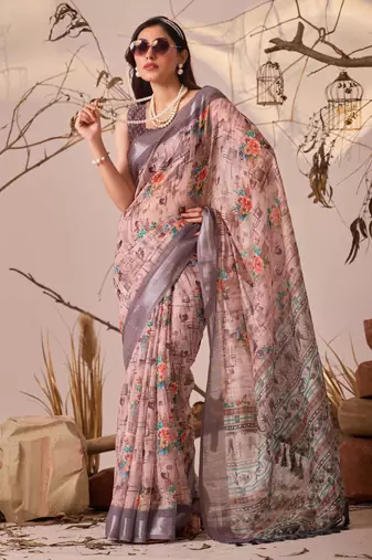 Mauve linen cotton printed saree with floral & geometric digital design and patola style border with blouse