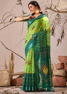 Green linen cotton saree with ikat digital print & patola inspired border | soft weaving saree with matching blouse 1