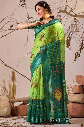 Green linen cotton saree with ikat digital print & patola inspired border | soft weaving saree with matching blouse