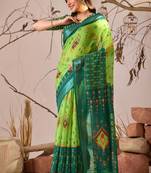 Green linen cotton saree with ikat digital print & patola inspired border | soft weaving saree with matching blouse