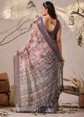 Mauve linen cotton printed saree with floral & geometric digital design and patola style border with blouse 4