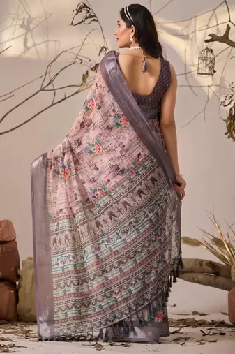 Mauve linen cotton printed saree with floral & geometric digital design and patola style border with blouse