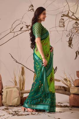Green linen cotton saree with ikat digital print & patola inspired border | soft weaving saree with matching blouse 2