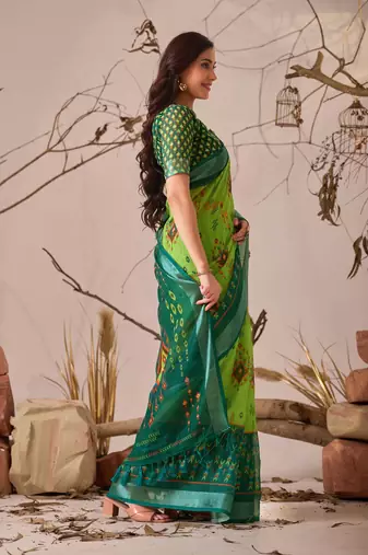 Green linen cotton saree with ikat digital print & patola inspired border | soft weaving saree with matching blouse