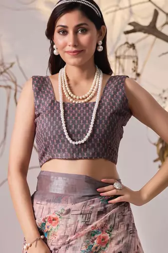 Mauve linen cotton printed saree with floral & geometric digital design and patola style border with blouse