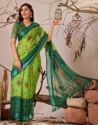 Green linen cotton saree with ikat digital print & patola inspired border | soft weaving saree with matching blouse 3