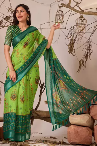 Green linen cotton saree with ikat digital print & patola inspired border | soft weaving saree with matching blouse