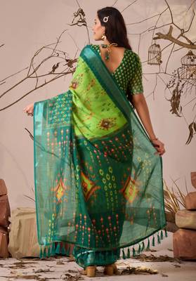 Green linen cotton saree with ikat digital print & patola inspired border | soft weaving saree with matching blouse 4