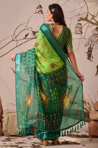 Green linen cotton saree with ikat digital print & patola inspired border | soft weaving saree with matching blouse