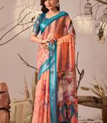Peach linen cotton saree with elegant digital floral & leaf print and patola style contrast border with matching blouse