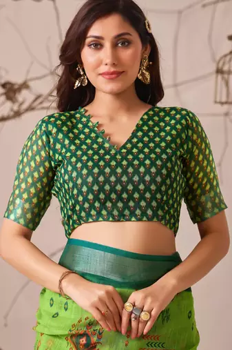 Green linen cotton saree with ikat digital print & patola inspired border | soft weaving saree with matching blouse