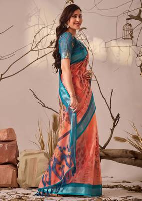 Peach linen cotton saree with elegant digital floral & leaf print and patola style contrast border with matching blouse 2
