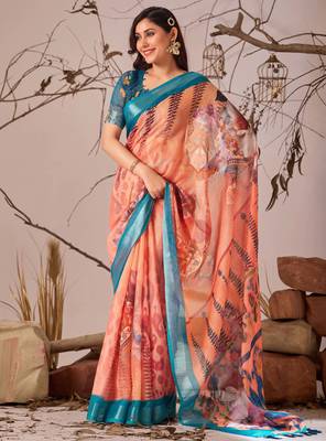 Peach linen cotton saree with elegant digital floral & leaf print and patola style contrast border with matching blouse 3