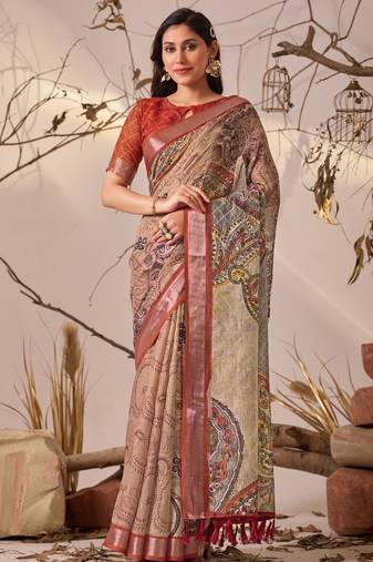 Light beige linen cotton digital paisley print saree with patola style border & matching printed blouse
