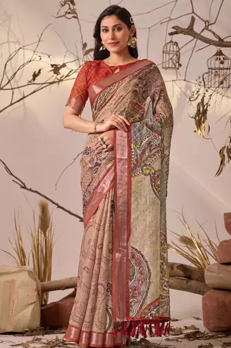Light beige linen cotton digital paisley print saree with patola style border & matching printed blouse