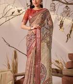 Light beige linen cotton digital paisley print saree with patola style border & matching printed blouse