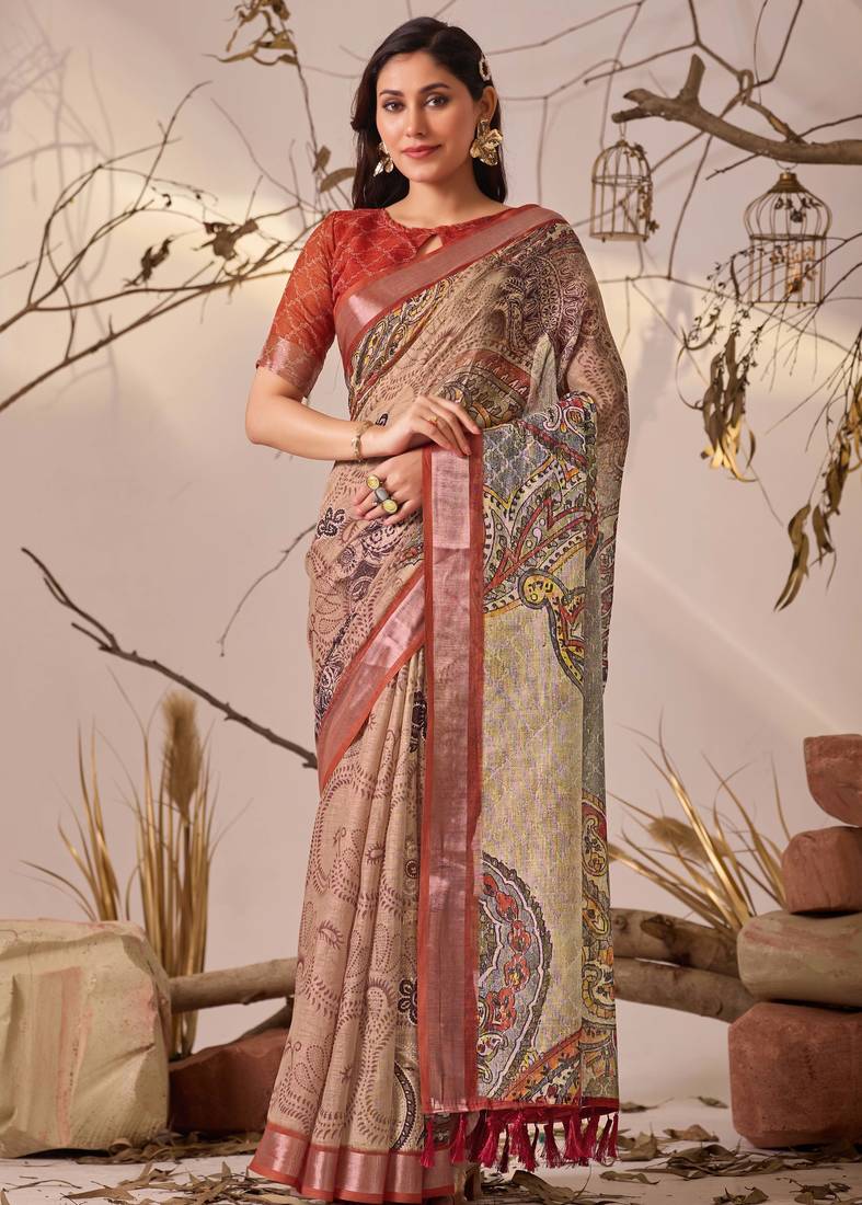 Light beige linen cotton digital paisley print saree with patola style border & matching printed blouse