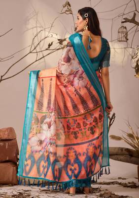 Peach linen cotton saree with elegant digital floral & leaf print and patola style contrast border with matching blouse 4