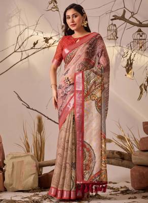 Light beige linen cotton digital paisley print saree with patola style border & matching printed blouse 2