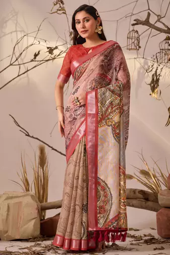 Light beige linen cotton digital paisley print saree with patola style border & matching printed blouse