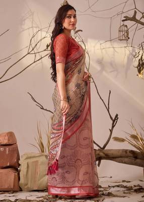 Light beige linen cotton digital paisley print saree with patola style border & matching printed blouse 3