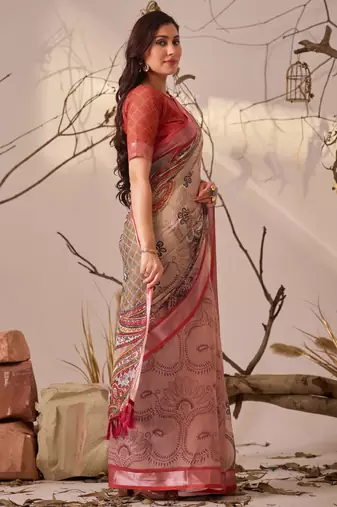 Light beige linen cotton digital paisley print saree with patola style border & matching printed blouse