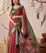 Maroon linen cotton printed saree with traditional weaving design & contrast border – with blouse