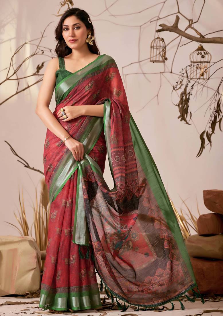 Maroon linen cotton printed saree with traditional weaving design & contrast border – with blouse